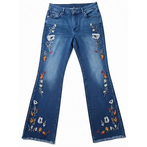 Vazoca High Rise Embroidered Floral Flare Blue Jeans Raw Hem Boho Hippie Y2K XL - Picture 2 of 9